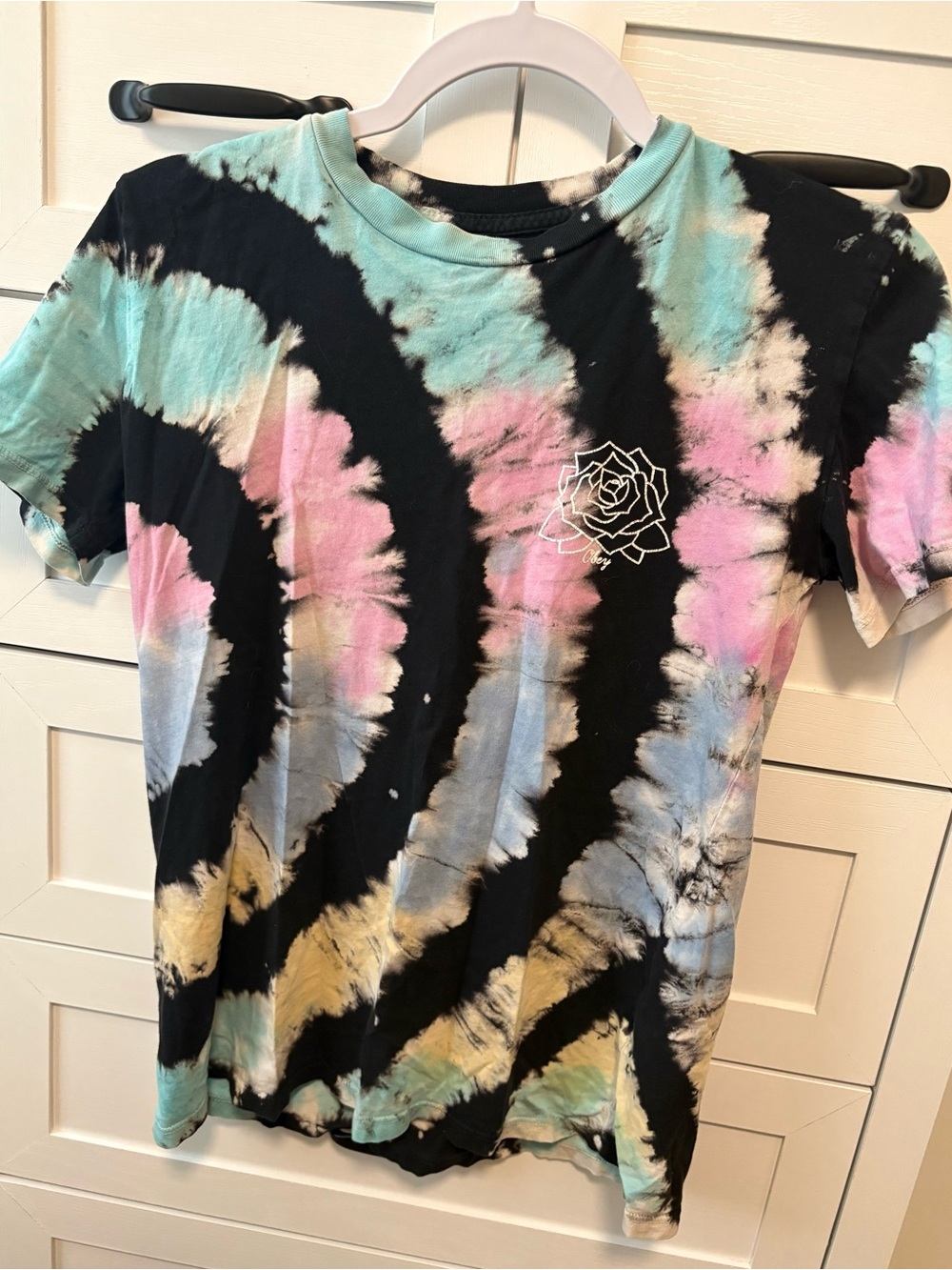 Obey Black Tie-Dye Tee with Mint and Pink Accents